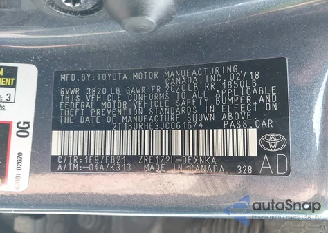 2018 Toyota Corolla Le из США, поврежденный, VIN 2T1BURHE3JC061674